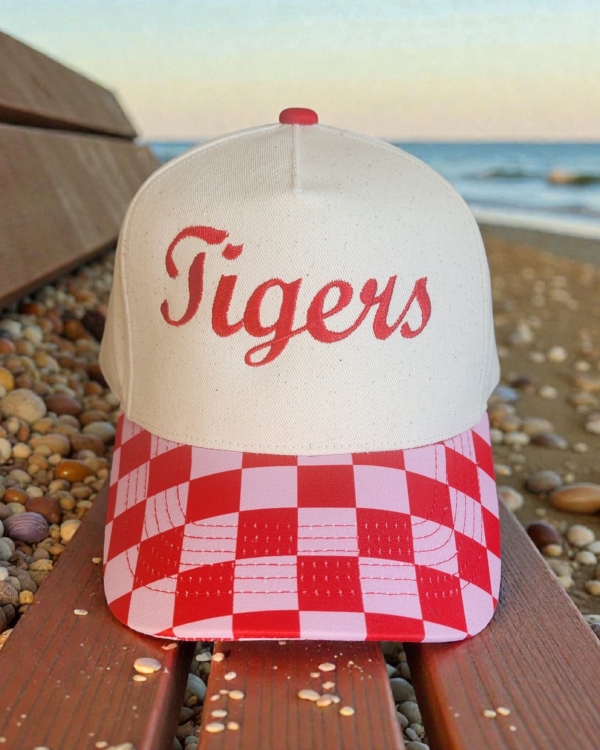 Tigers Embroidered Canvas Snapback Hat – Checkered Brim Pony Cap